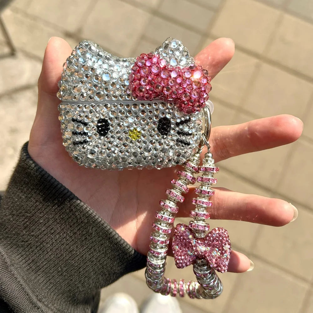 Hello Kitty Rhinestone Bling AirPods Case – Crystal Protective Cover with Keychain for AirPods Pro & AirPods