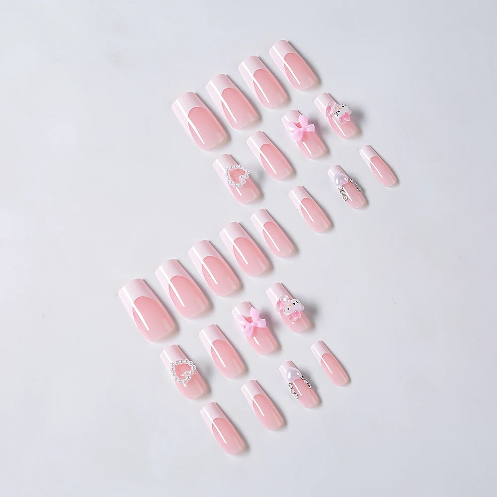 24Pcs 3D Hello Kitty Pearl Bow Press-On Nails – Medium Pink French Tip Nails – Cartoon Wearable Nail Set for Women