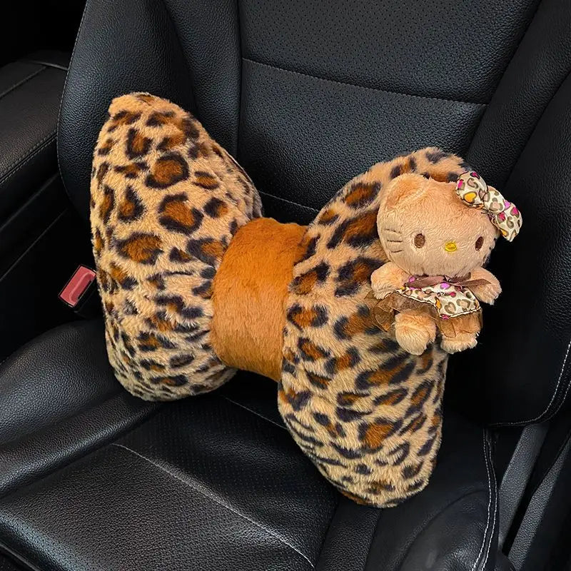 Hello Kitty Car Headrest Neck Pillow Seat Leopard Print Cushion Car Accessory for Girls Car Pillow Lumbar Support Accessories