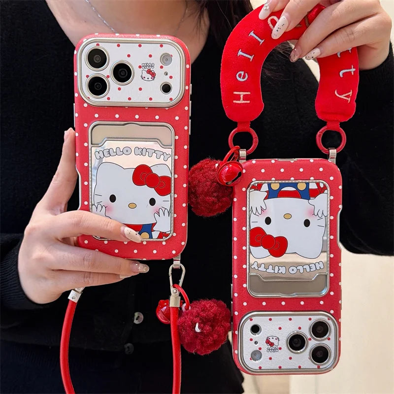 Hello Kitty Red Mirror Phone Case with Card Slot & Plush Wrist Strap – Cute Protective Cover for iPhone 13, 14, 15, 16 & 17 Pro Max
