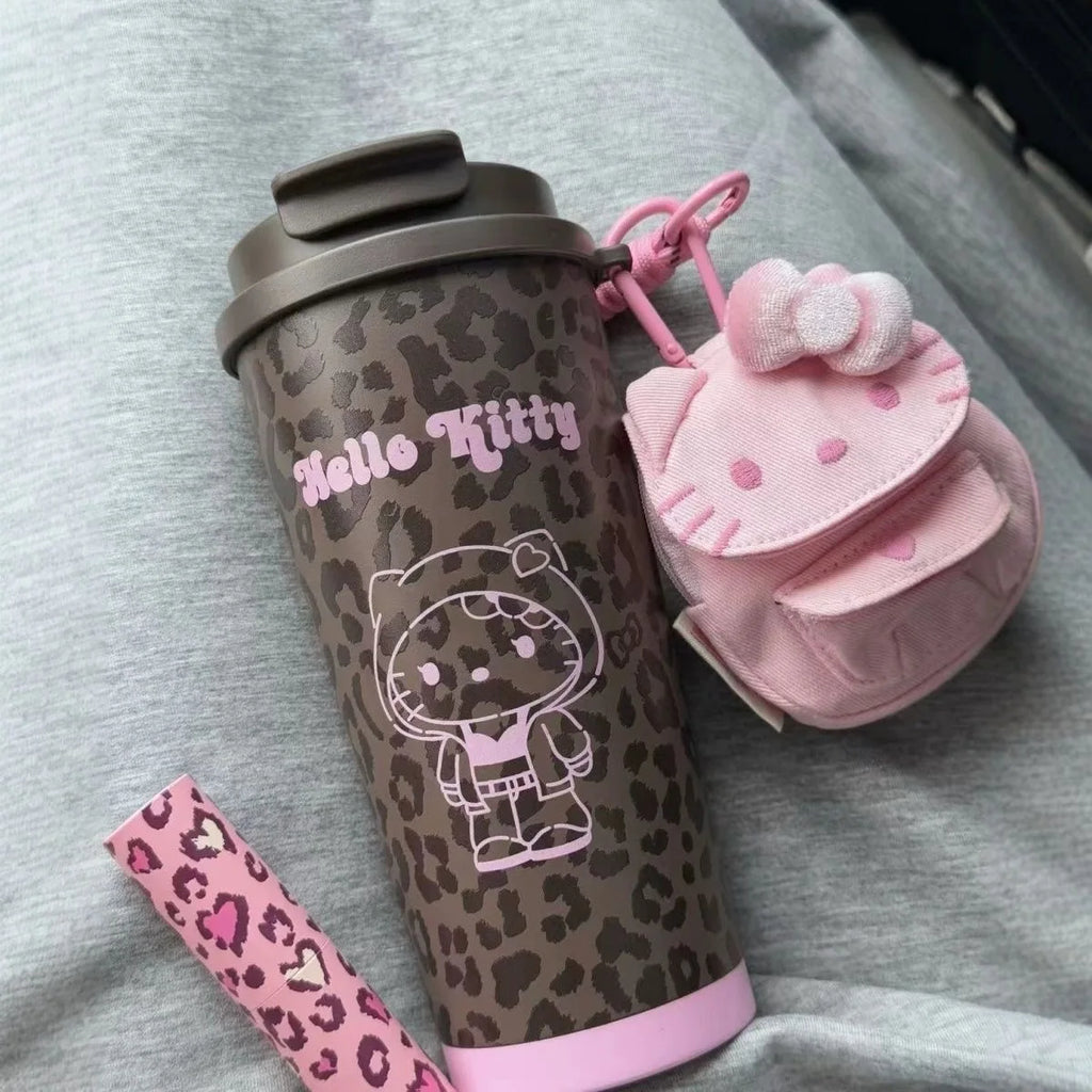 Cartoon Leopard HelloKitty Mug Stainless Steel Student Straw Double-drinking Large-capacity Coffee Cup Lovely Birthday Gift