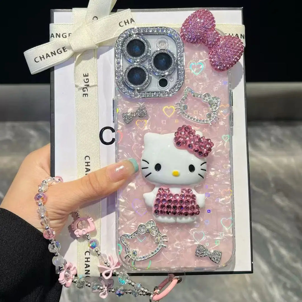 3D Hello Kitty Bling Glitter Phone Case – Sparkly Hard Protective Cover for iPhone 11, 12, 13, 14, 15, 16 & 17 Pro Max
