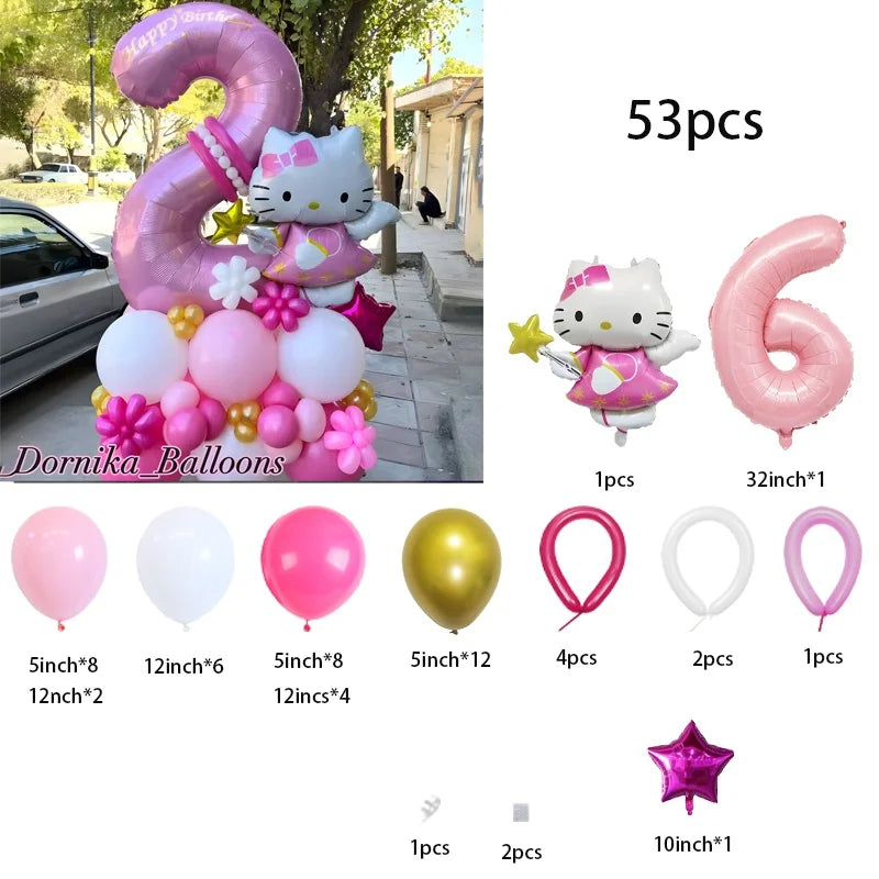 53-piece Hello Kitty-themed balloon set in pink foil and latex—perfect for baby showers, kids’ and girls’ birthdays, and holiday