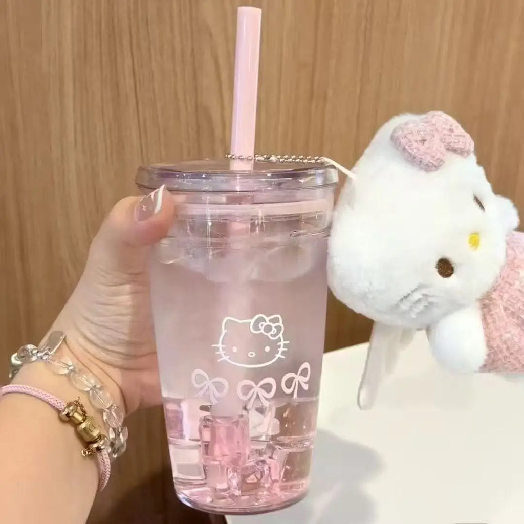 Anime Hello Kitty Pink Straw Cup KT Cat Large-Capacity Transparent Plastic Water Cup Kawaii Plastic Portable Cup Birthday Gifts