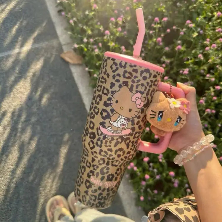 Hello Kitty Leopard Print Straw Thermos Water Bottle – Stainless Steel Insulated Cold Cup – Travel Sports Tumbler for Girls Birthday Gift.