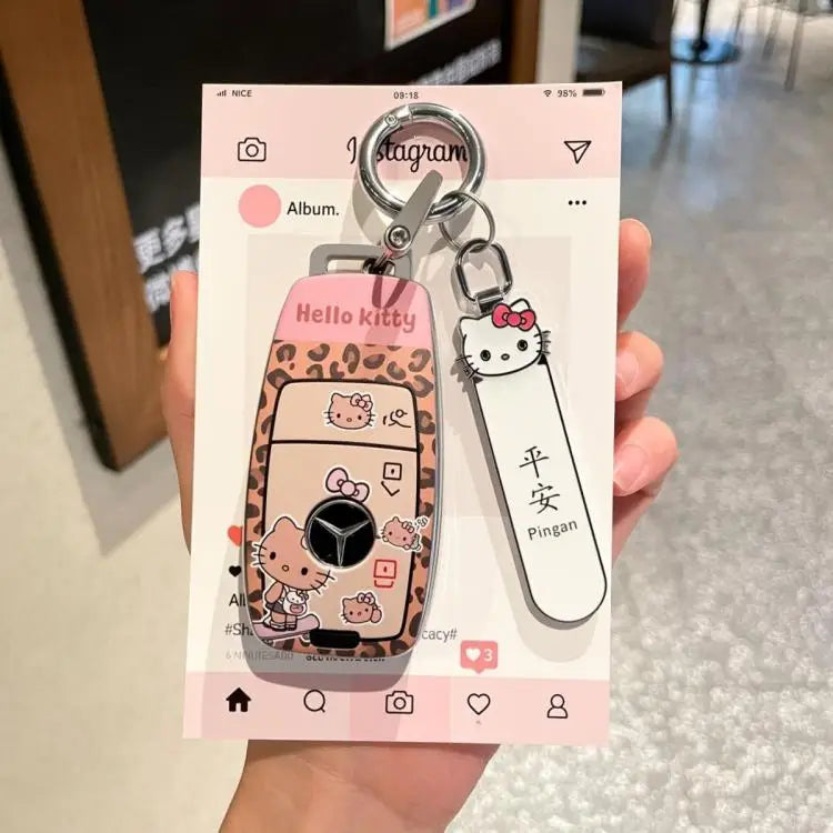 Sanrio Car Key Shell Leopard Print Key Storage Hello Kitty Leopard Print Cartoon Key Chain Cute Car Decoration Accessories Gift