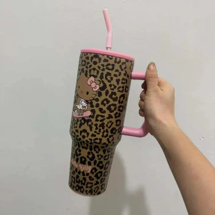 Hello Kitty Leopard Print Straw Thermos Water Bottle – Stainless Steel Insulated Cold Cup – Travel Sports Tumbler for Girls Birthday Gift.