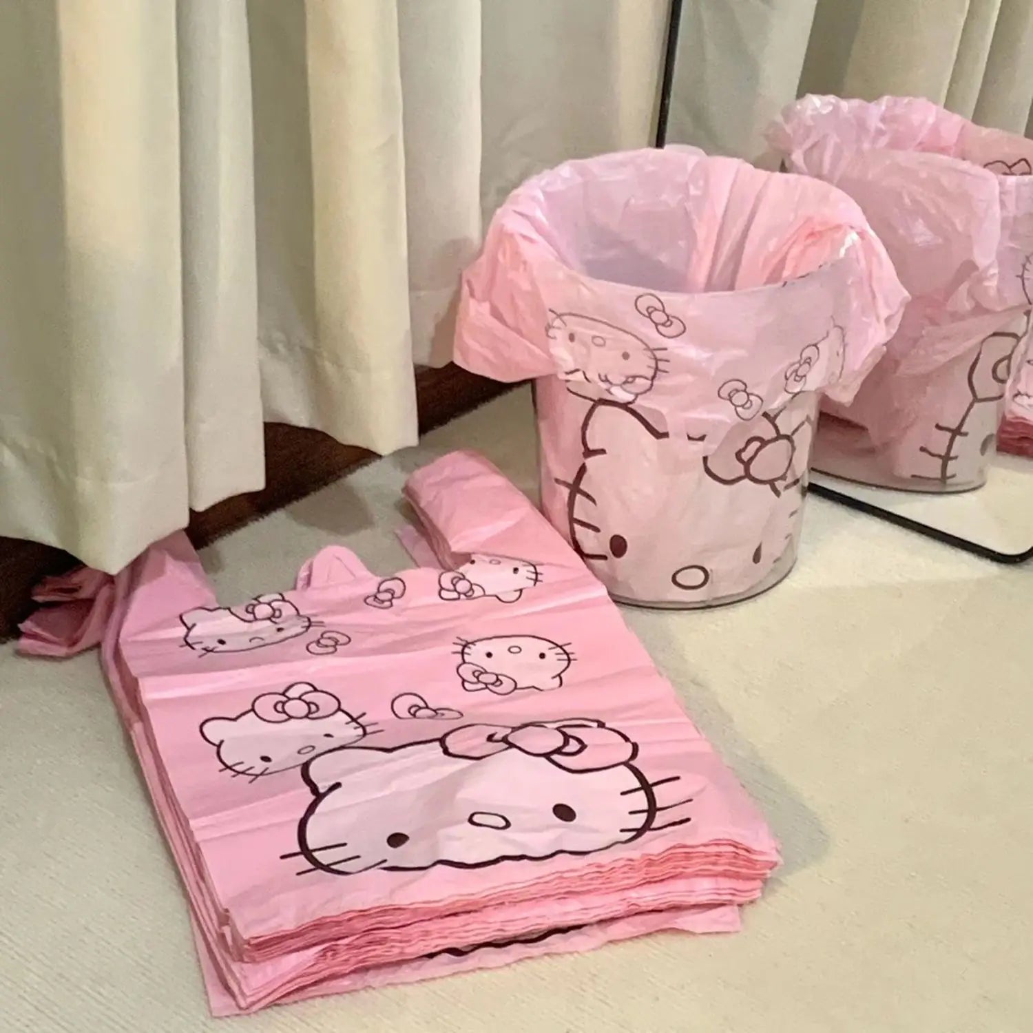 Cute Cartoon Kawaii Hello Kitty Cat Pattern Portable Bin Bag Vest Bag Plastic Bag Pink Tote Bag Storage Bag Household Waste Bag