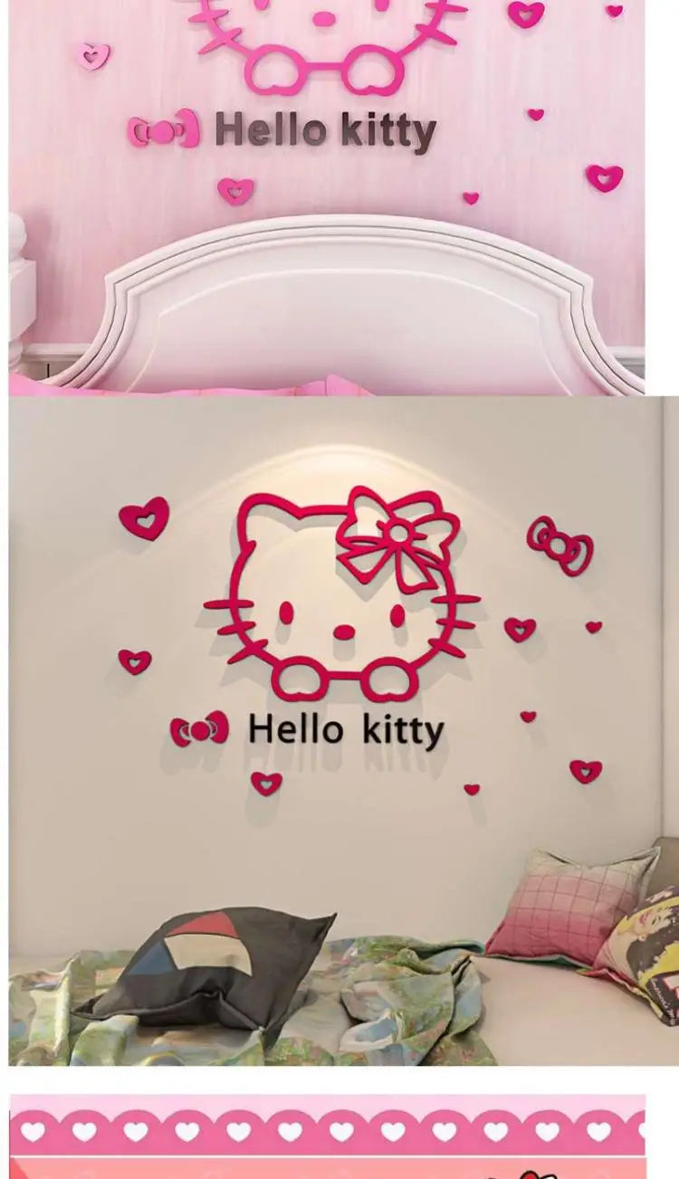 Kawaii Hello Kitty Anime 3D Stereo Diy Wall Sticker Sanrio Children's Room Bedroom Cute Decorate Background Wall Stickers Gift