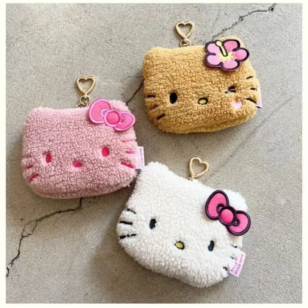 Kawaii Hello Kitty Coin Purse Black Skin Leopard Print Heart-shaped Buckle Small Item Storage Bag Sanrio Gift Toy for Girl