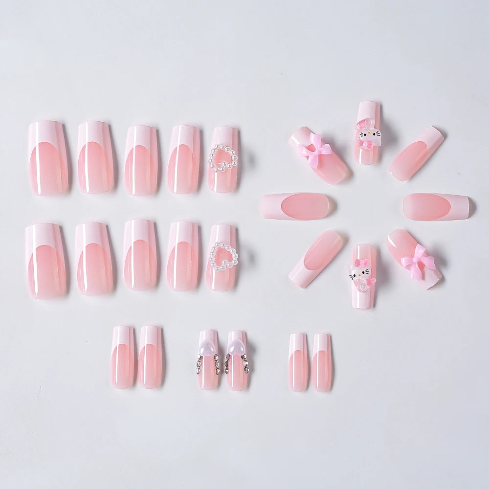 24Pcs 3D Hello Kitty Pearl Bow Press-On Nails – Medium Pink French Tip Nails – Cartoon Wearable Nail Set for Women