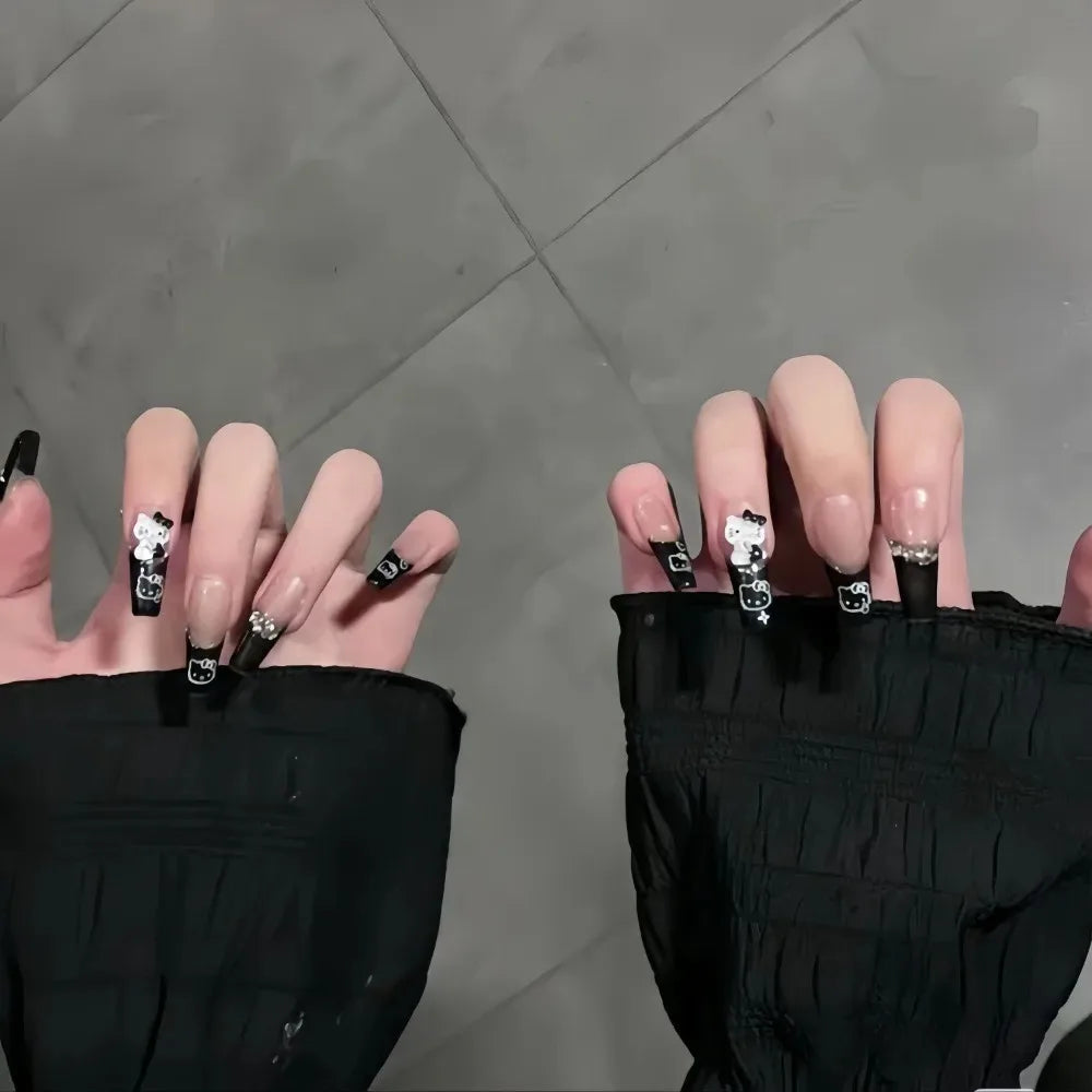 Hello Kitty Press-On Nails – Cartoon Original Design Medium Coffin Style Manicure – Handmade Fashionable Wearable Nail Set Gift