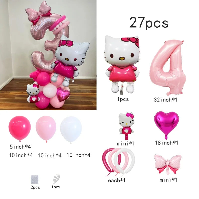 Hello Kitty Number Foil Balloon Set, Cute Cartoon Bubble Mart, Kids Birthday Party Decoration, Room Decor