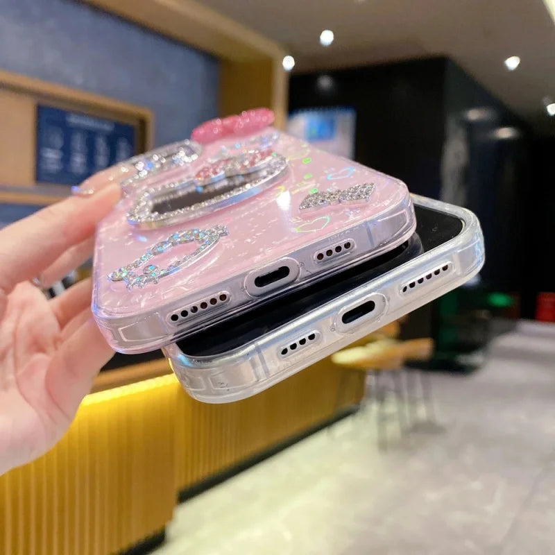 Luxury Makeup Mirror Glitter 3D Cute Cartoon Hello Kitty Sparkling Phone Case For iPhone12 13 14 15 16 17 Pro Max Plus Cover
