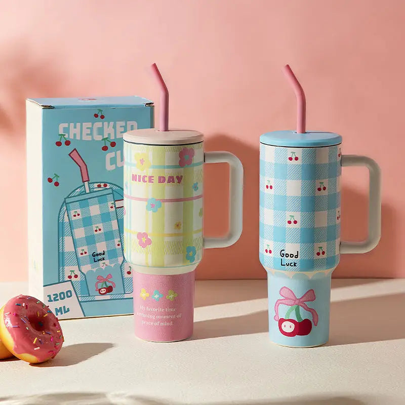 1200ml Hello Kitty 304 Stainless Steel Insulated Bottle – Pink & Blue Grid Thermo Tumbler – Large Capacity Hot & Cold Coffee Cup Water Bottle Mug Gift
