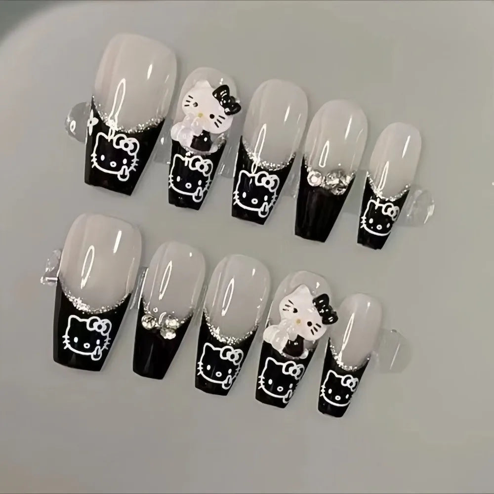 Hello Kitty Press-On Nails – Cartoon Original Design Medium Coffin Style Manicure – Handmade Fashionable Wearable Nail Set Gift