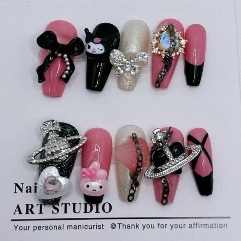 Hello Kitty Handmade Press-On Nails – Pink My Melody & Cinnamoroll Anime Nails – Detachable 3D Nail Art Decoration Set