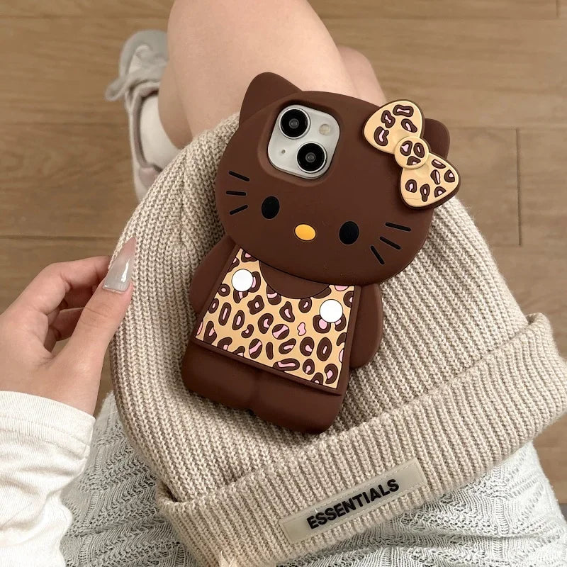 Cute 3D Hello Kitty Black Leopard Print Silicone Phone Case – Shockproof Protective Cover for iPhone 13, 14, 15, 16 & 17 Pro Max