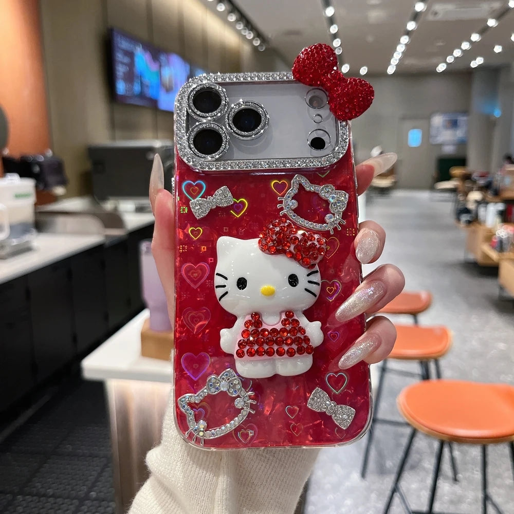 3D Hello Kitty Bling Glitter Phone Case – Cute Sparkly Hard Cover for iPhone 12, 13, 14, 15, 16 & 17 Pro Max