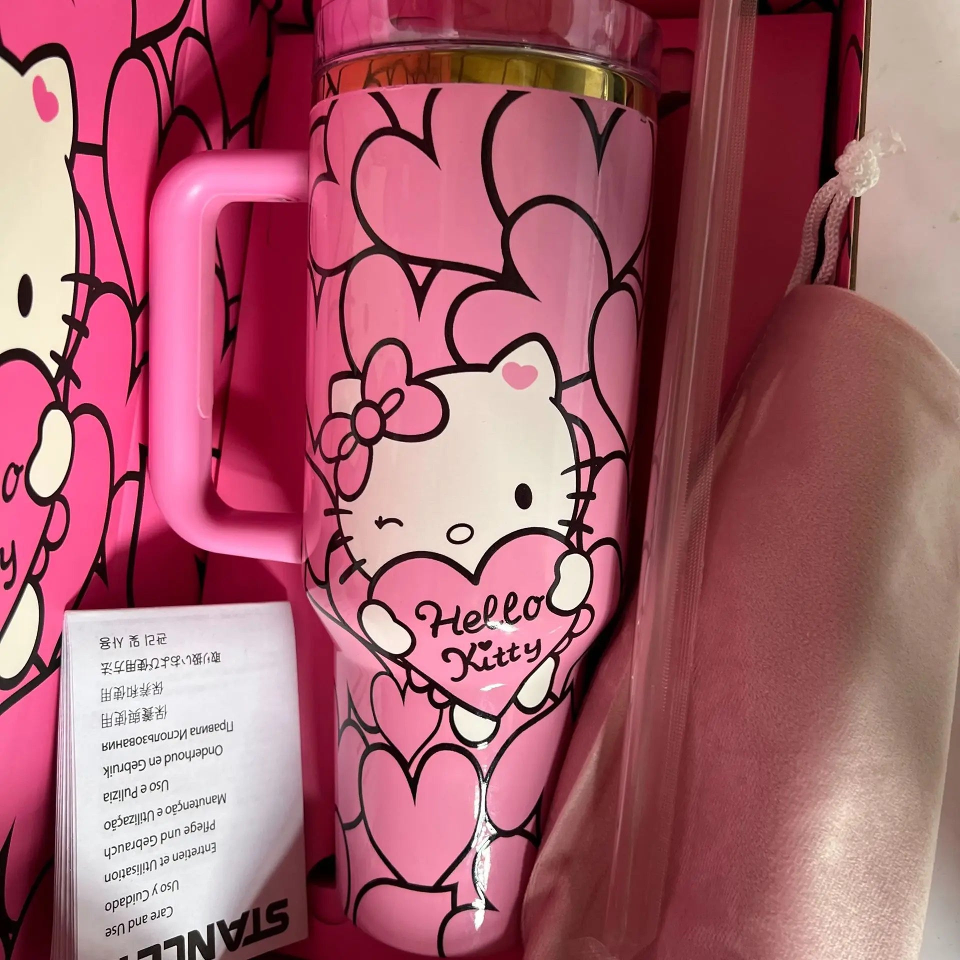 Hello Kitty Heart Print Insulated Tumbler with Handle & Lid – Cute Travel Coffee Cup for Girls