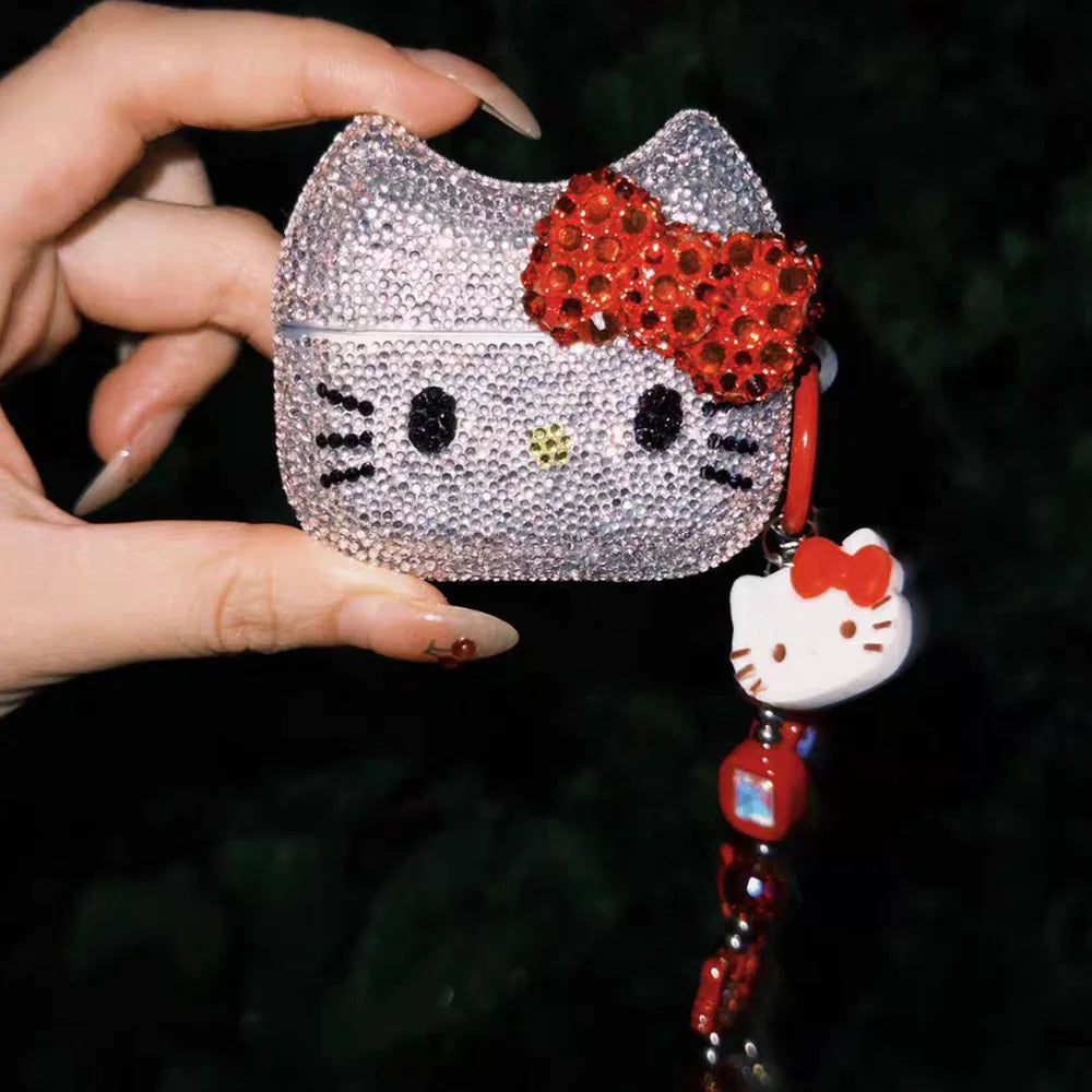Hello Kitty Rhinestone Bling AirPods Case – Crystal Protective Cover with Keychain for AirPods Pro & AirPods