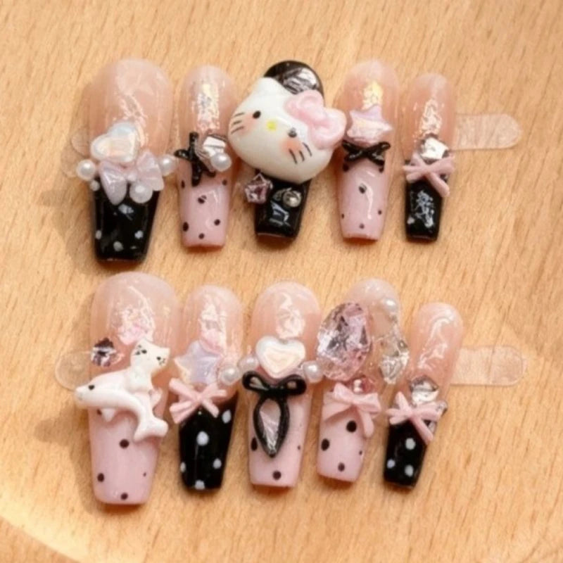 Hello Kitty Handmade Press-On Nails – Pink My Melody & Cinnamoroll Anime Nails – Detachable 3D Nail Art Decoration Set