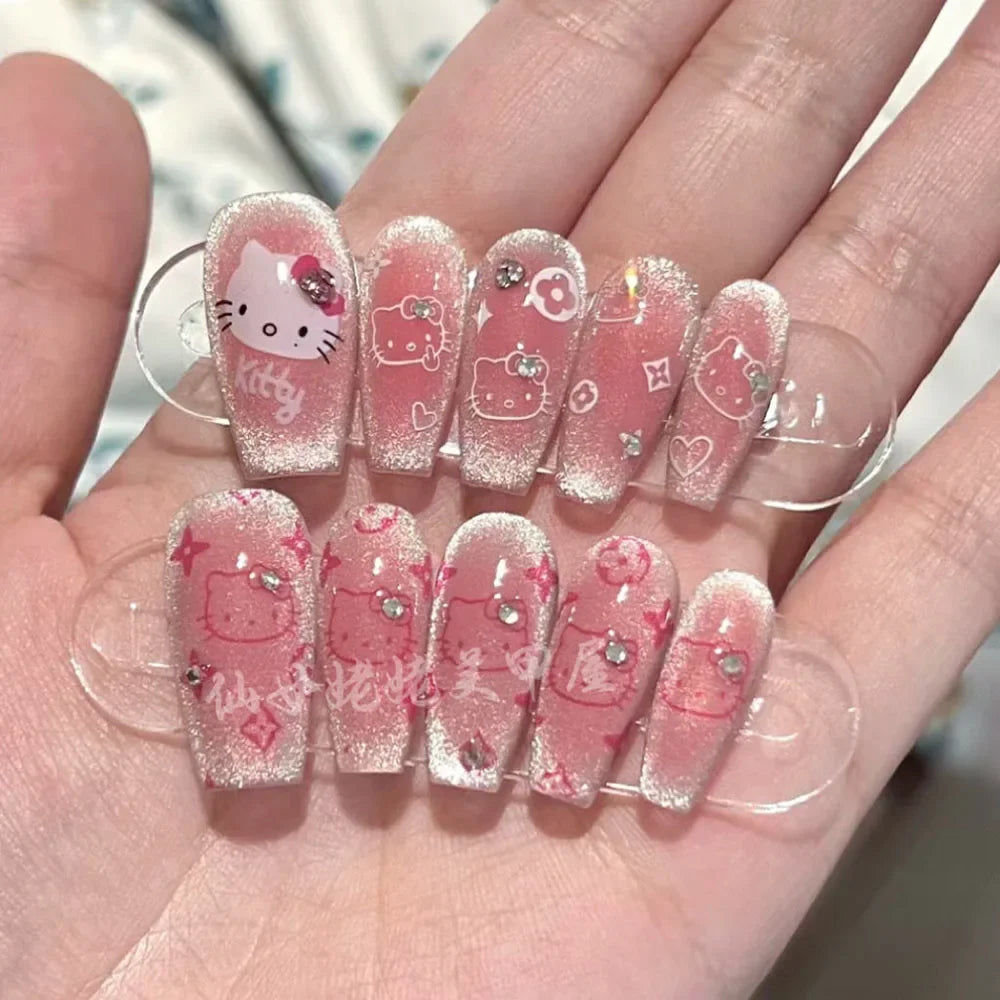Hello Kitty Press-On Nails –  Cat Eye Shiny Wearable Nail Set – Reusable Handmade Cartoon Nail Art for Women