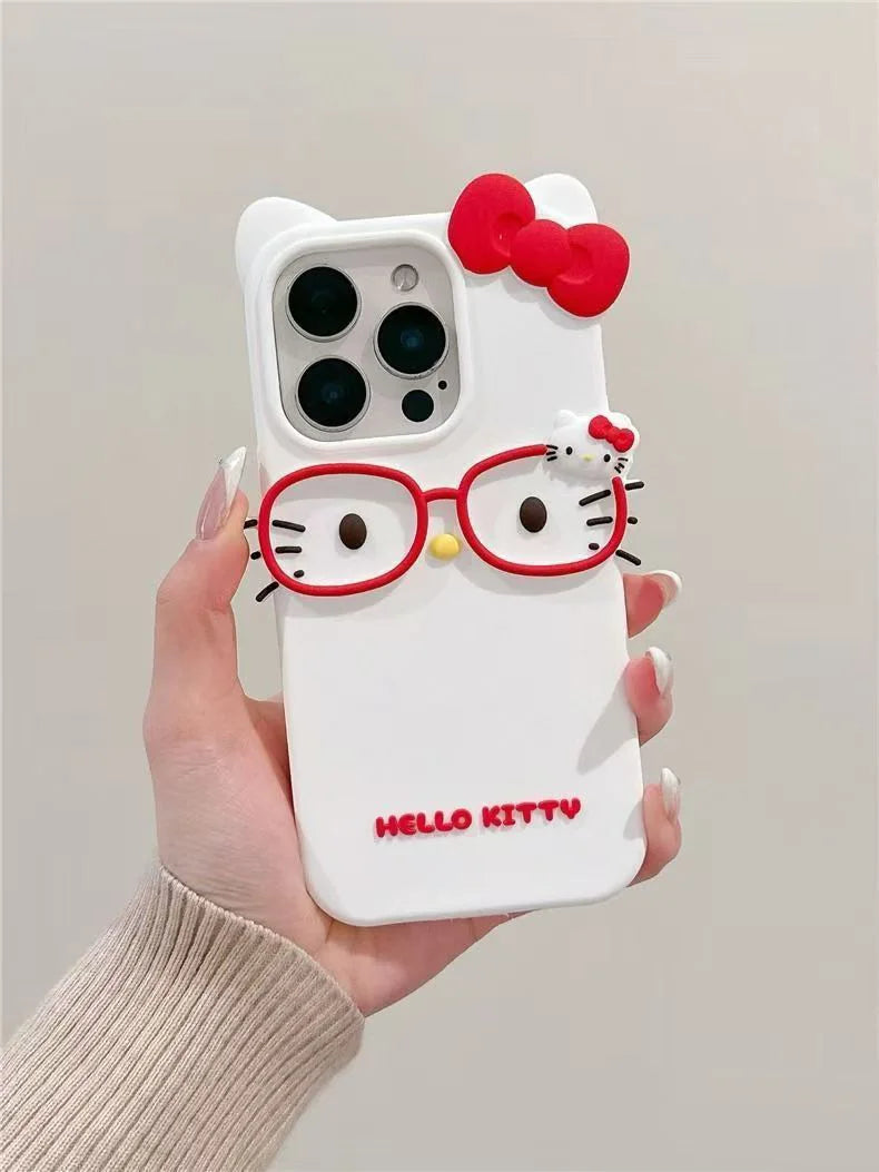 Hello Kitty 3D Glasses Cat Silicone Phone Case – Cute Shockproof Cover for iPhone 4/4S, 5/5S, SE, 7, 8, 11, 12 Mini, 13, 14, 15 Plus, 16 & 17 Pro Max