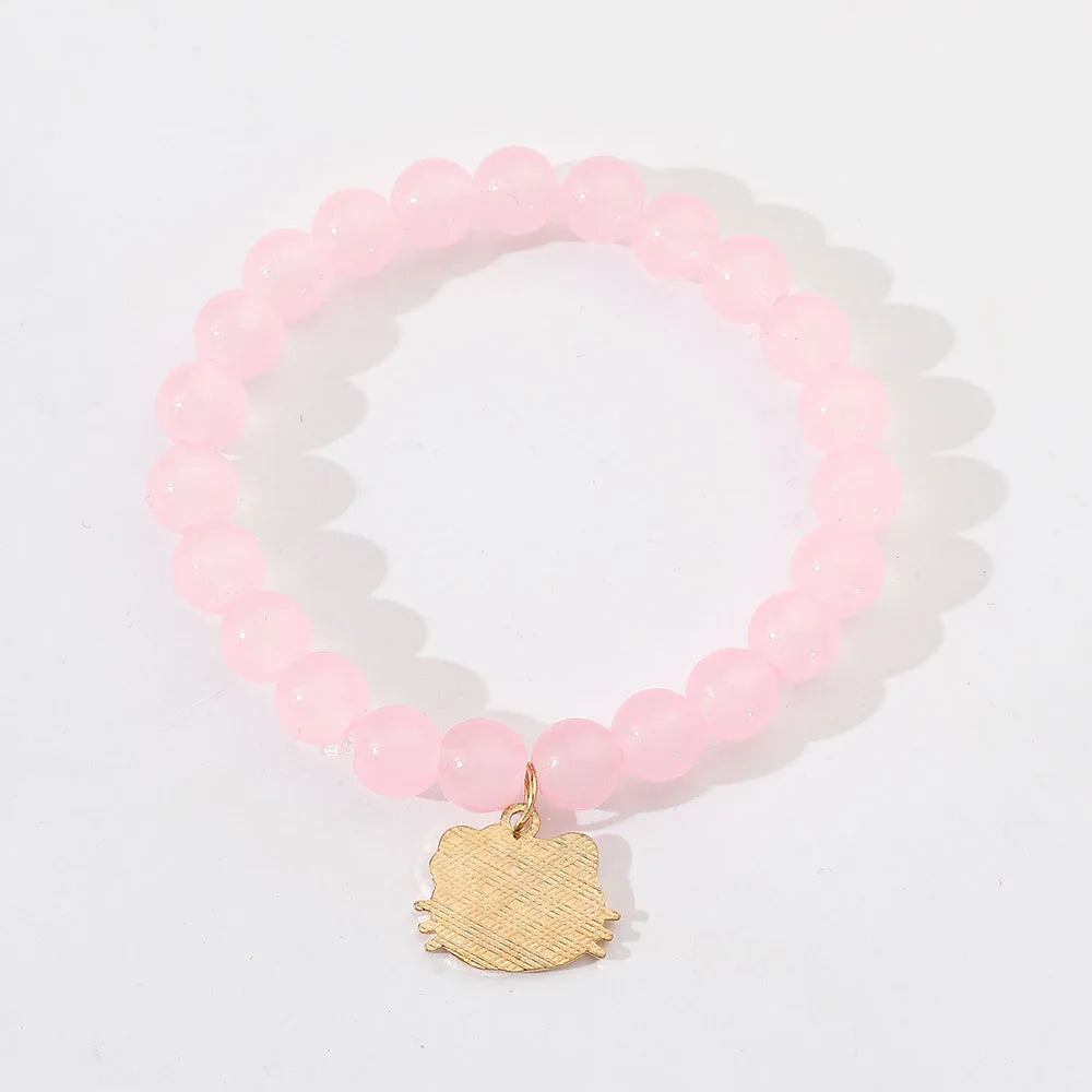 Hello Kitty Pink Glass Beaded Bracelet - Cute Cat Charm Pendant, Elastic Crystal Beads, Kawaii Jewelry Gift for Girls & Fans
