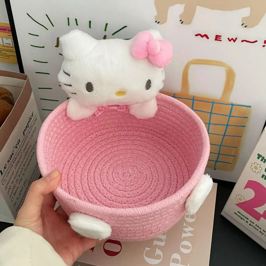 Hello Kitty Kuromi Woven Storage Basket Desktop Clutter Receiver Creative Dopamine Snack Basket Household Cosmetics Storage Box
