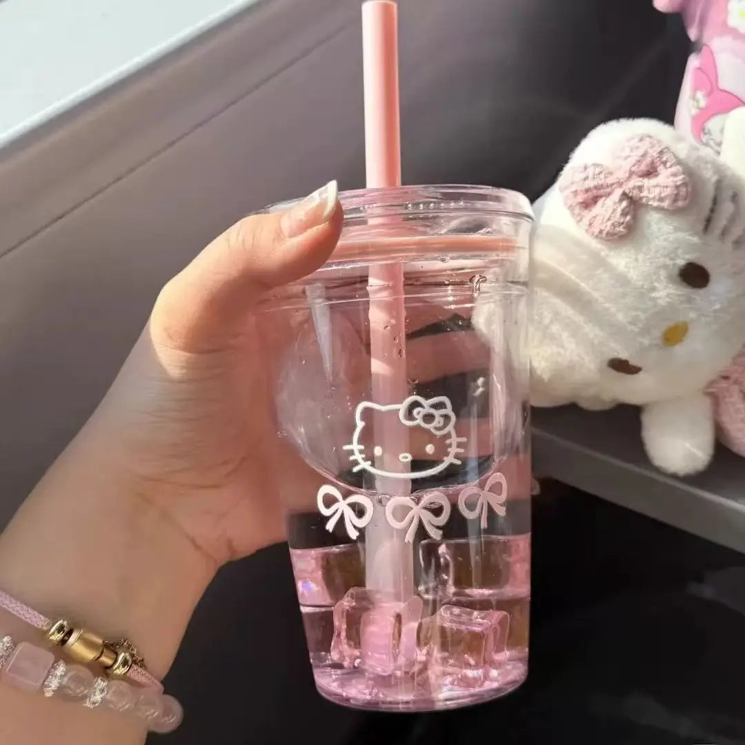 Pink HelloKitty Cat Straw Cup with Lid Plastic Student Portable Cup KT Cat High-Capacity Transparent Plastic Water Cup Girl Gift