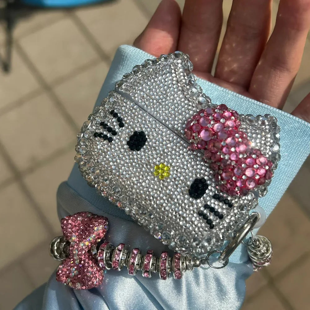 Hello Kitty Rhinestone Bling AirPods Case – Crystal Protective Cover with Keychain for AirPods Pro & AirPods