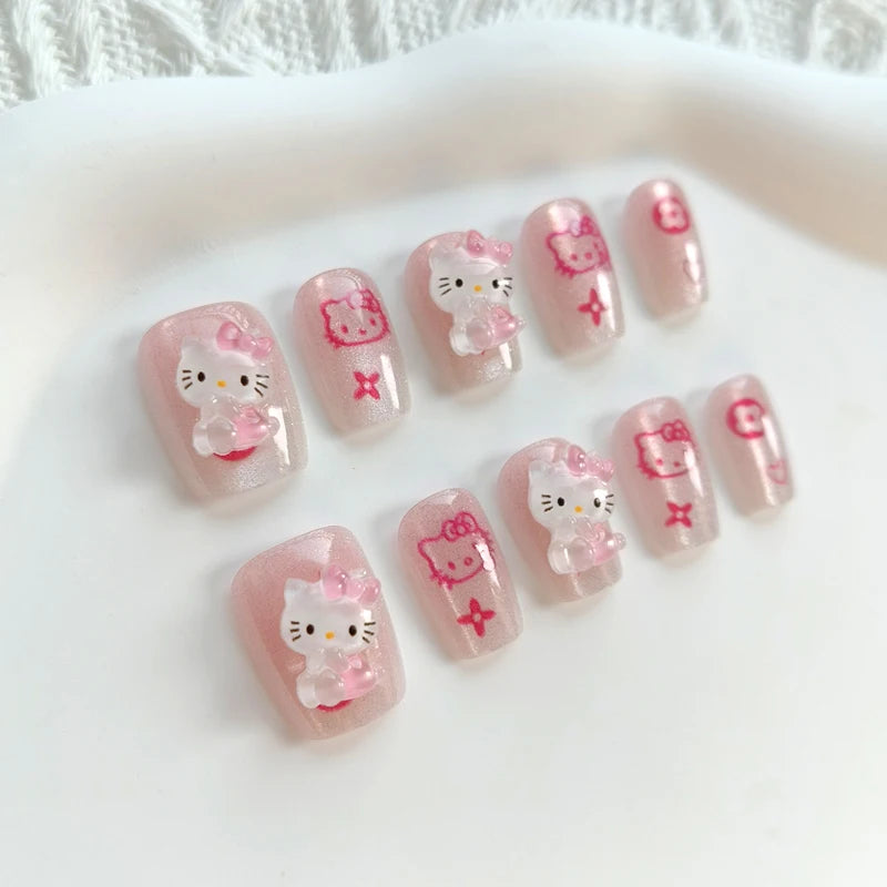 10Pcs Hello Kitty Press-On Nails – Cat Eye French Short False Nails – Handmade Wearable Manicure Nail Tips Set for Girls