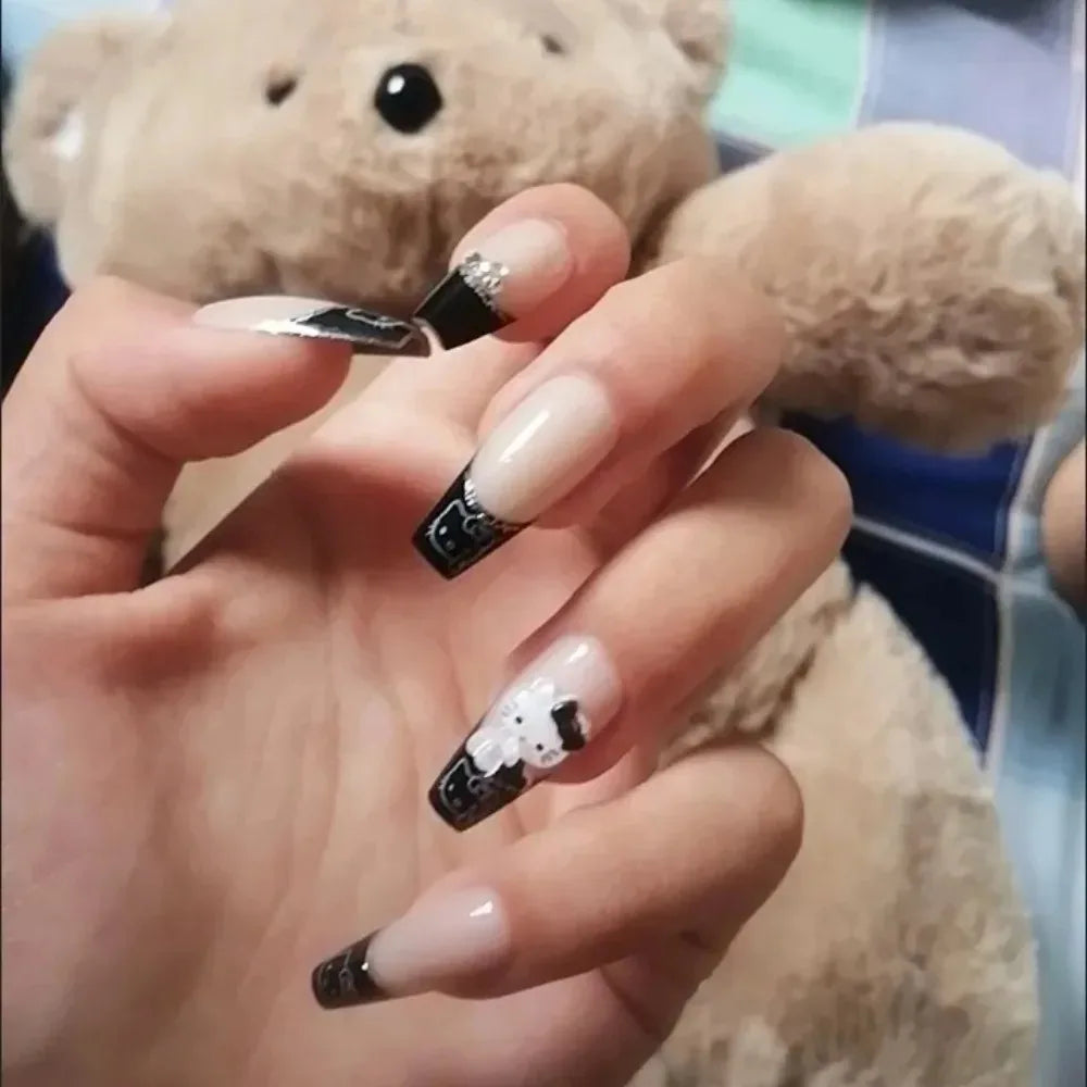 Hello Kitty Press-On Nails – Cartoon Original Design Medium Coffin Style Manicure – Handmade Fashionable Wearable Nail Set Gift