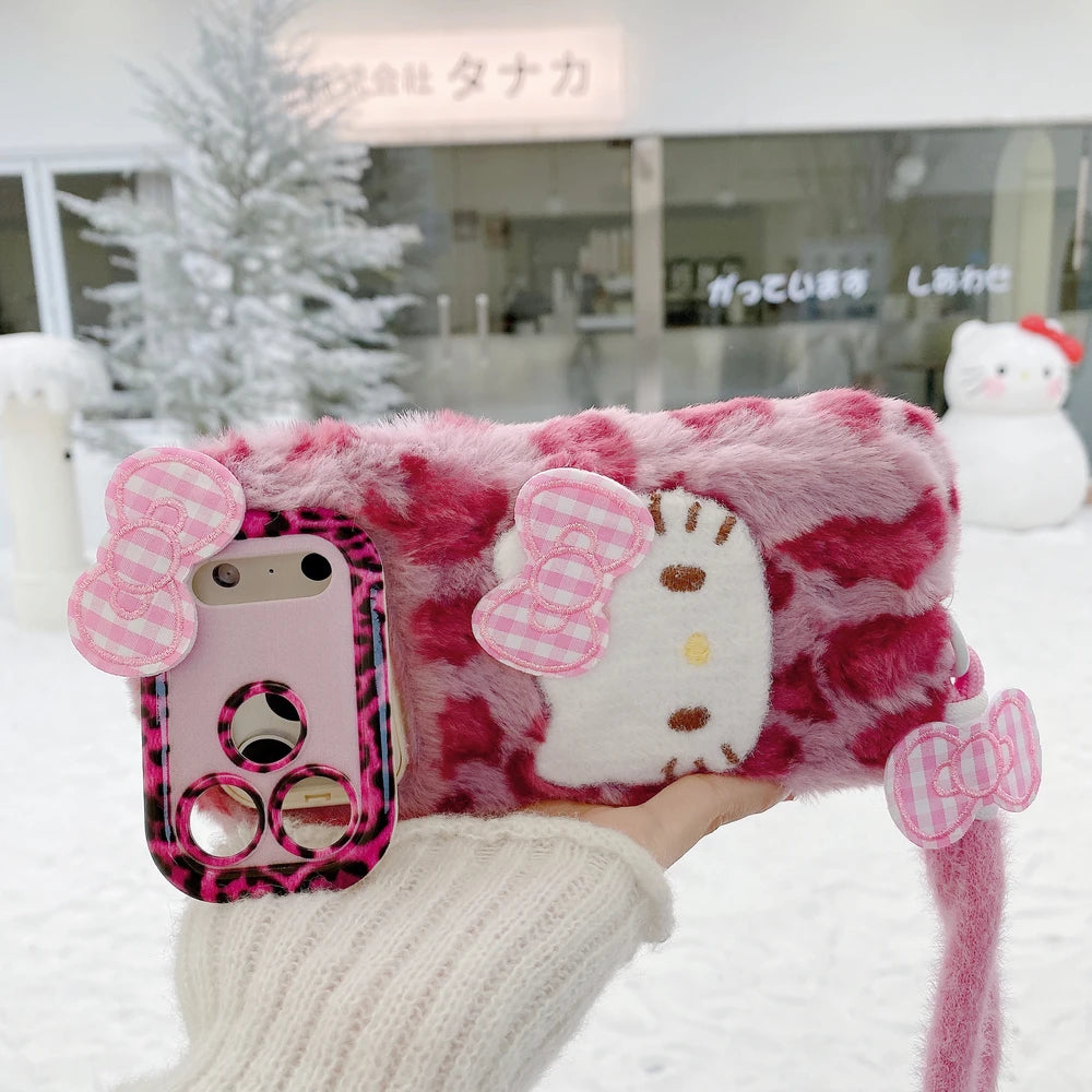 Cute Cartoon Sanrio Hello Kitty Leopard print Furry Warm Winter Plush Phone Case For iPhone 17 16 15 14 13 12 11 Pro Max Cover