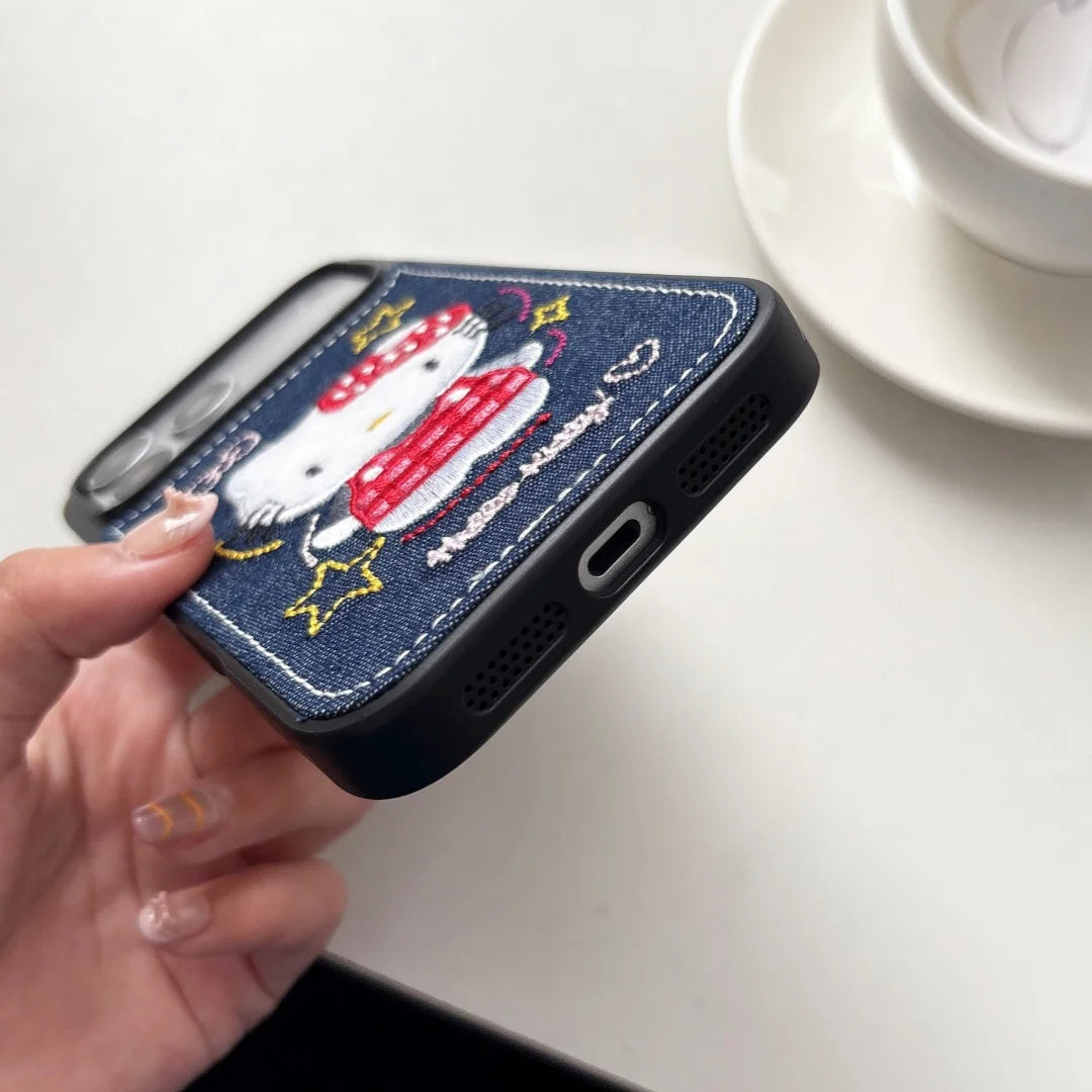 Luxury Denim Leather Pattern Cartoon Hello Kitty Case For iPhone 17 15 14 Pro Max 17 Pro Love Heart Stars Style Shockproof Cover