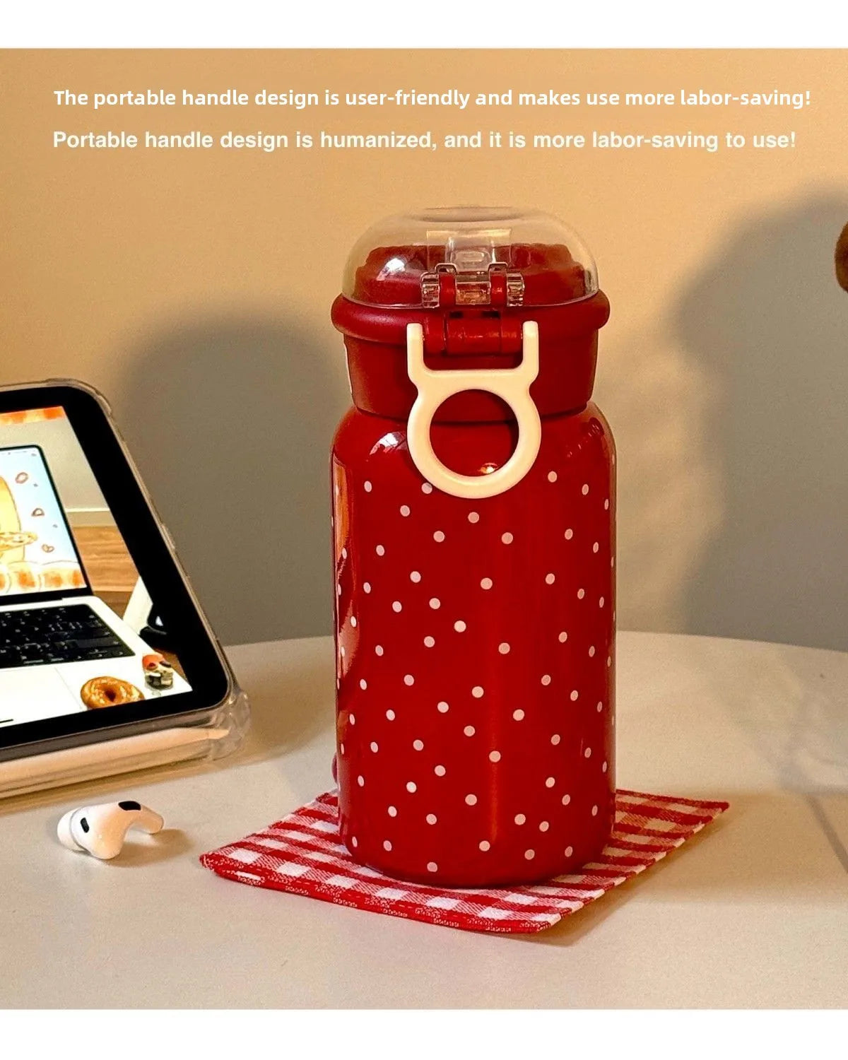 Hello Kitty Retro Red Polka Dot Thermos Cup – 316 Stainless Steel Vacuum Travel Water Bottle for Students