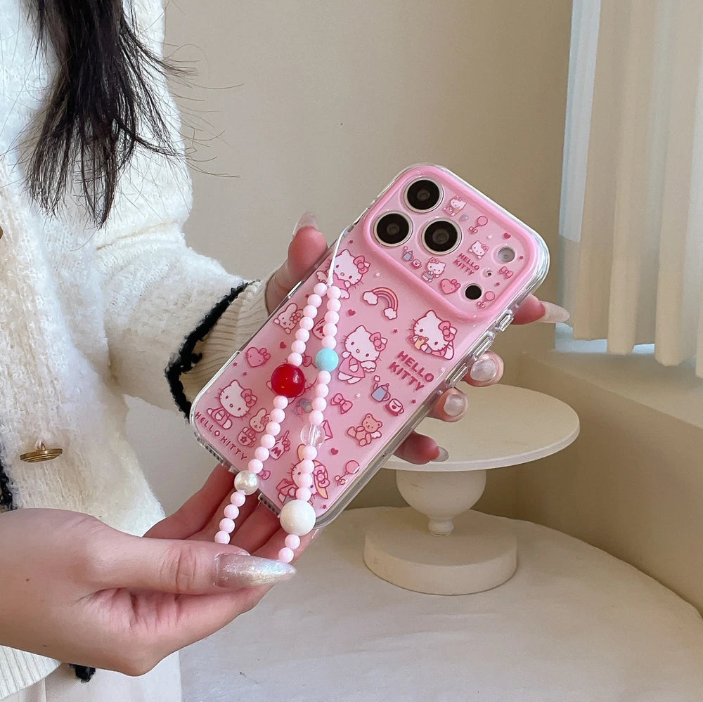 Cute Hello Kitty Illustration Phone Case with Lanyard – Shockproof Hard Cover for iPhone 13, 14, 15, 16 & 17 Pro Max