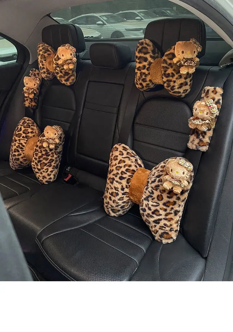 Hello Kitty Car Headrest Neck Pillow Seat Leopard Print Cushion Car Accessory for Girls Car Pillow Lumbar Support Accessories