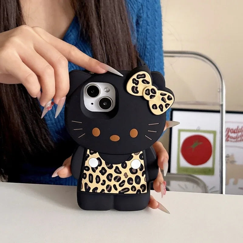 Cute 3D Hello Kitty Black Leopard Print Silicone Phone Case – Shockproof Protective Cover for iPhone 13, 14, 15, 16 & 17 Pro Max