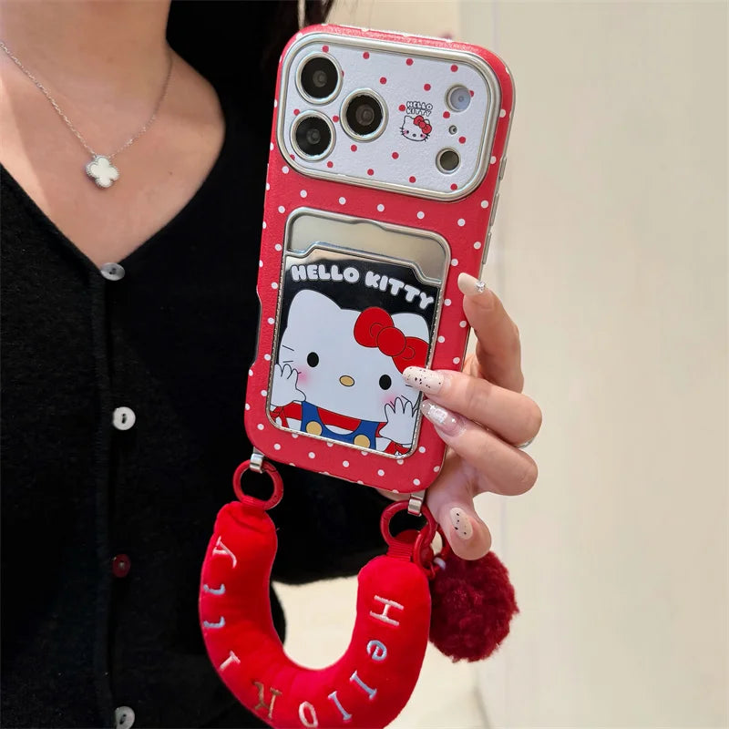 Hello Kitty Red Mirror Phone Case with Card Slot & Plush Wrist Strap – Cute Protective Cover for iPhone 13, 14, 15, 16 & 17 Pro Max