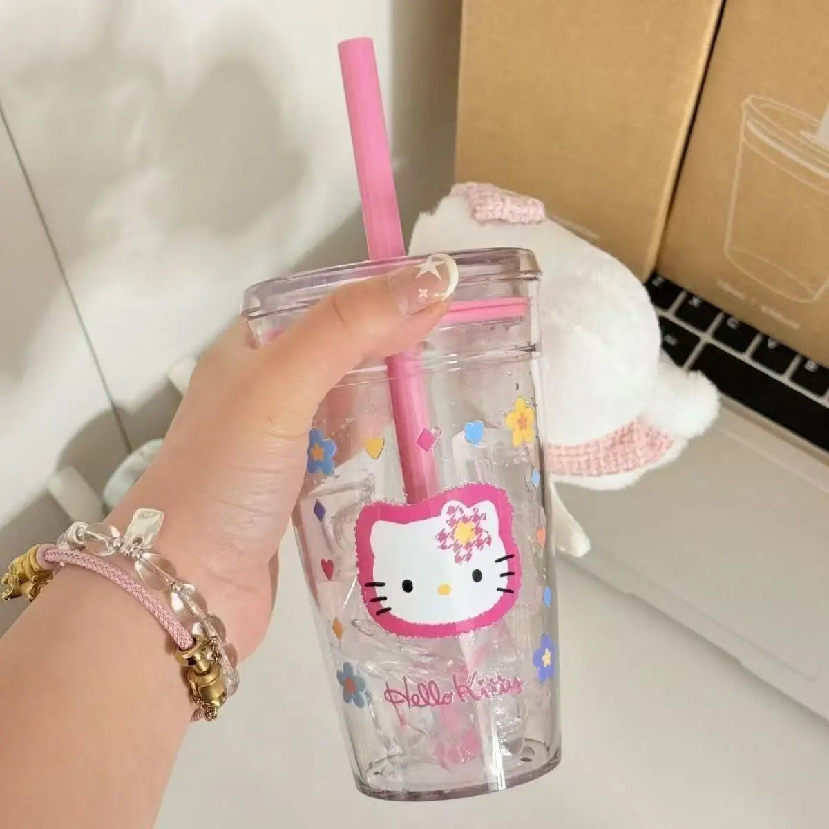 Pink HelloKitty Cat Straw Cup with Lid Plastic Student Portable Cup KT Cat High-Capacity Transparent Plastic Water Cup Girl Gift