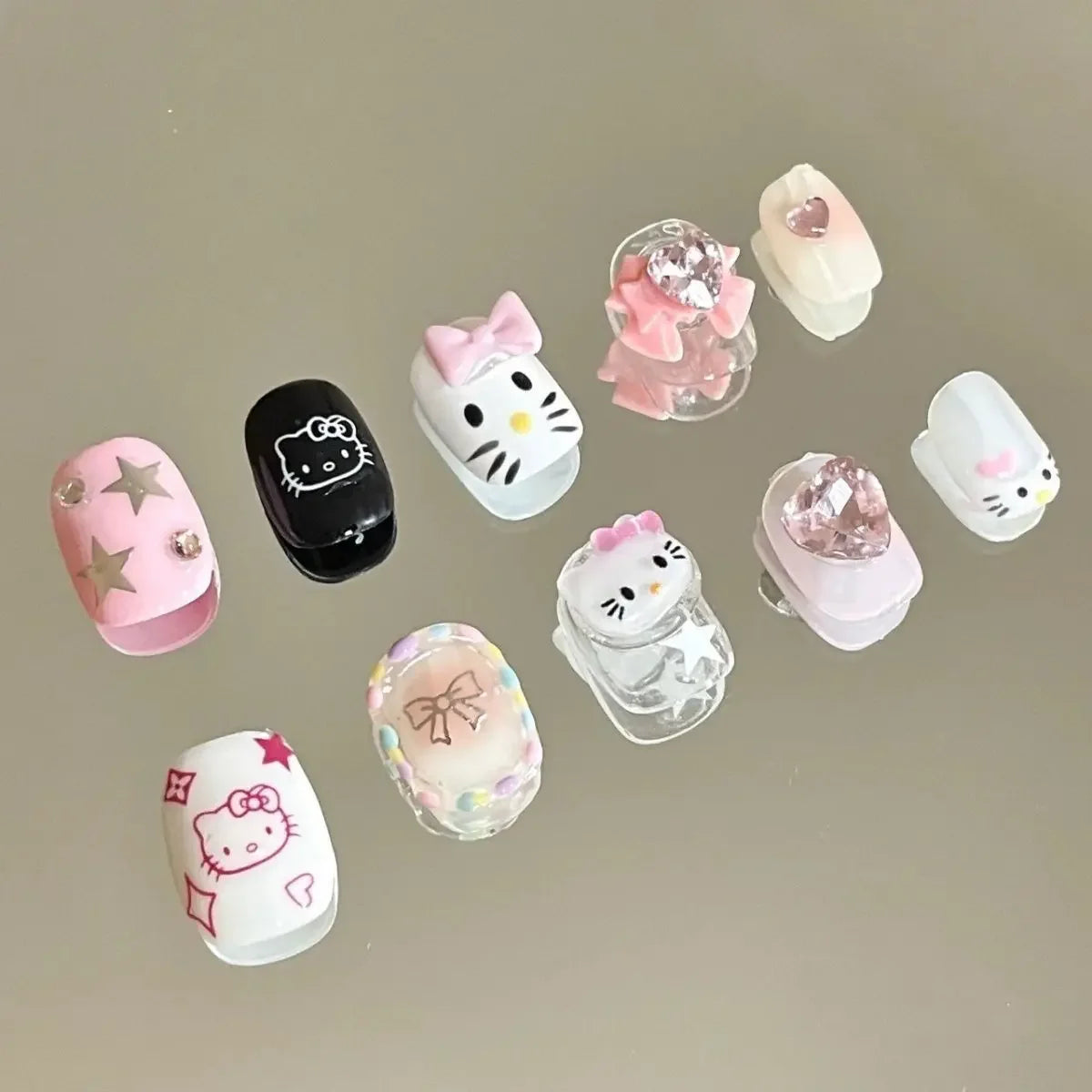 Hello Kitty Press-On Nails –  Cat Eye Shiny Wearable Nail Set – Reusable Handmade Cartoon Nail Art for Women