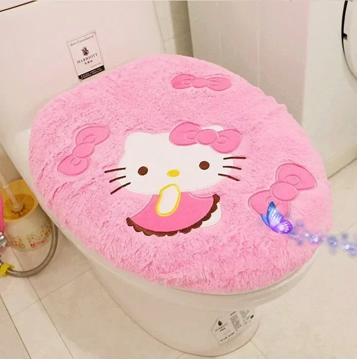 Hello Kitty 3-Piece Toilet Seat Cushion Set – Sanrio Plush Winter Bathroom Cover Set for Home Use