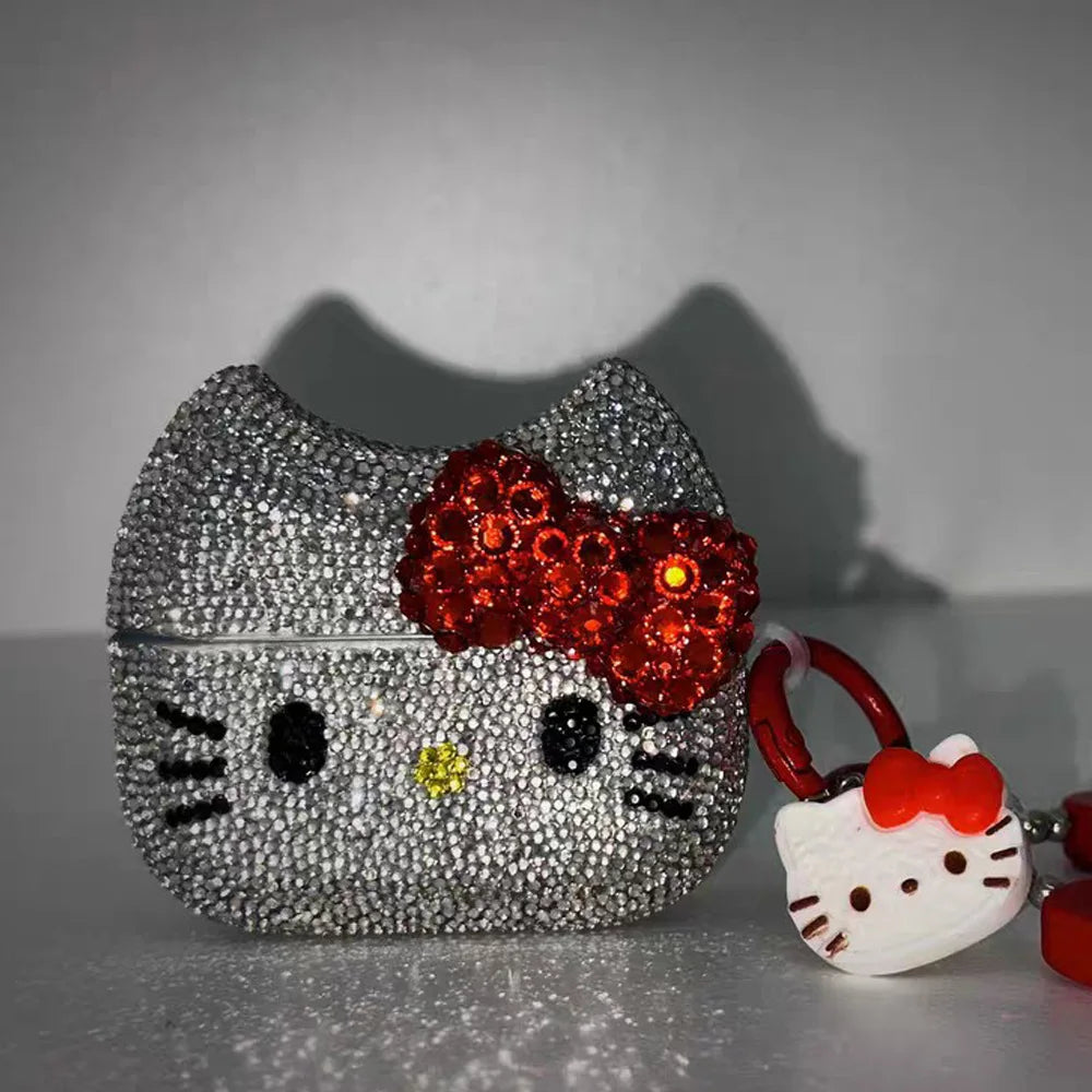 Hello Kitty Rhinestone Bling AirPods Case – Crystal Protective Cover with Keychain for AirPods Pro & AirPods