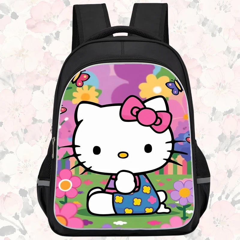 16-inch cartoon children's backpack, unisex, large capacity, double zippered pockets, ergonomic back support, Hello Kitty-theme