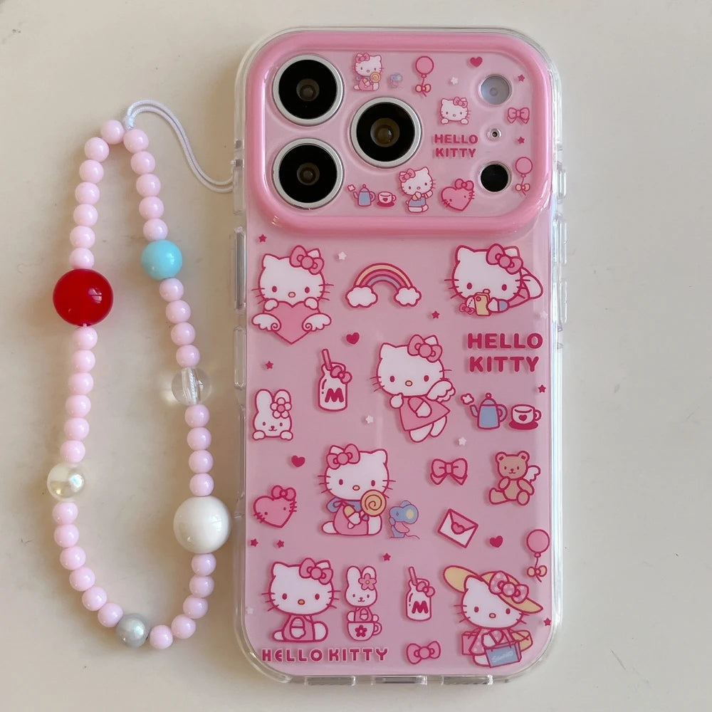 Cute Hello Kitty Illustration Phone Case with Lanyard – Shockproof Hard Cover for iPhone 13, 14, 15, 16 & 17 Pro Max