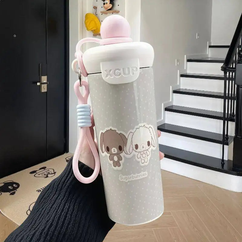 600ml Sugarbunnies Cute Cartoon Stainless Steel Floating Ball Straw Insulated Cup Large Capacity Portable Coffee Mug Plush Toys