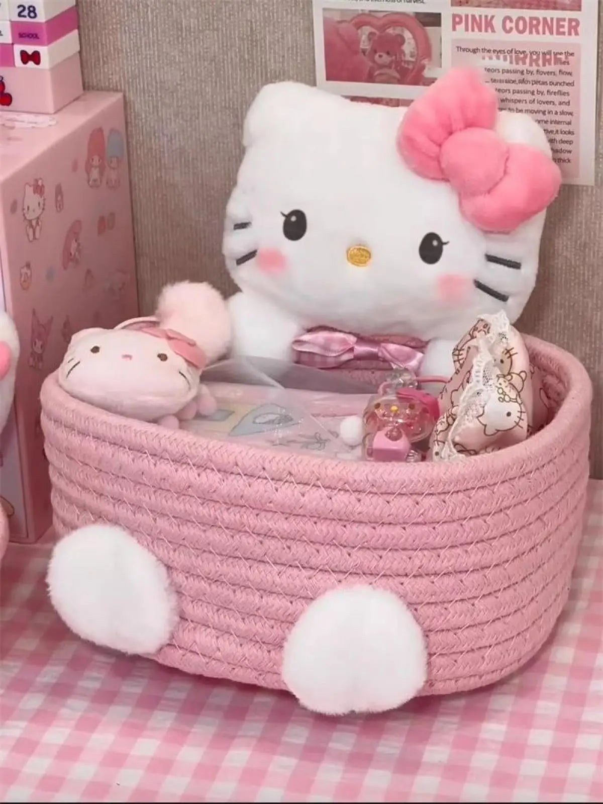 Hello Kitty Kuromi Woven Storage Basket Desktop Clutter Receiver Creative Dopamine Snack Basket Household Cosmetics Storage Box