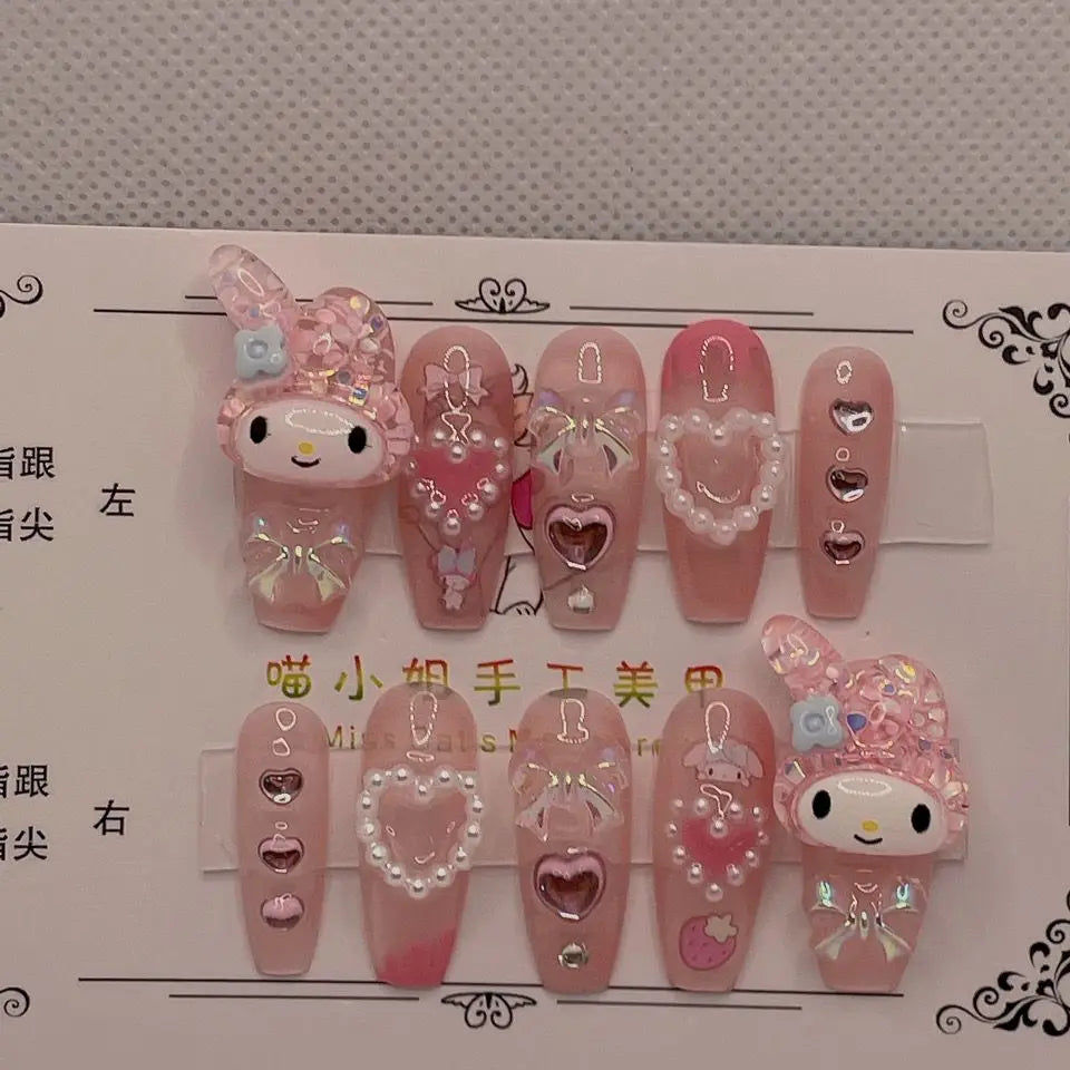 Hello Kitty Handmade Press-On Nails – Pink My Melody & Cinnamoroll Anime Nails – Detachable 3D Nail Art Decoration Set